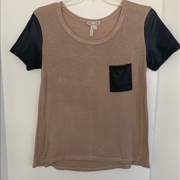 Brown Tee With Black Leather Pocket and Sleeves - Picture 10 of 10
